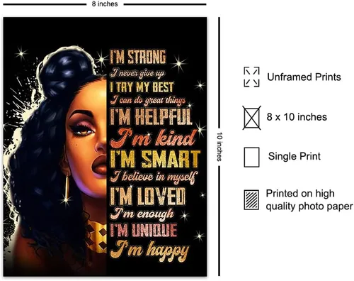 Vista 2 de Empowered Black Women Afro American Wall Art - Citas motivacionales positivas inspiradoras - Decoración del hogar con afirmaciones positivas "I Am