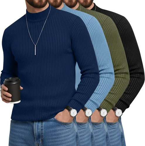Vista 21 de Paquete de 4 Camisetas de Cuello Alto Simulado para Hombre de Algodón de Punto Acanalado de Manga Larga Pullover Ajustado Casual Suéteres Básicas