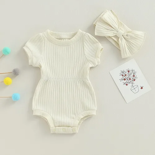Vista 65 de Traje de verano para niña pequeña, de manga corta, acanalado, overol liso, pantalones cortos, ropa para recién nacidos