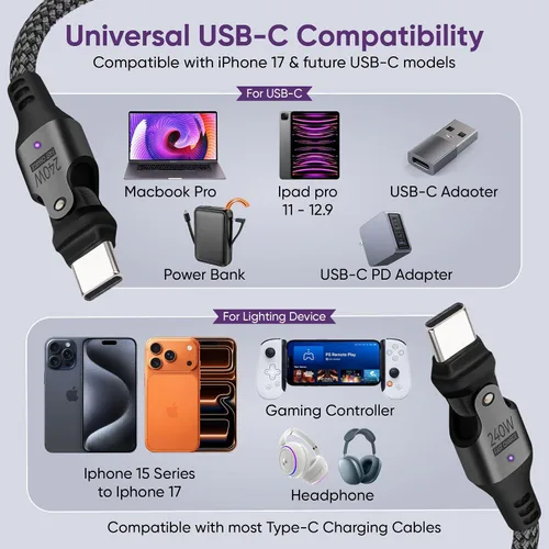 Vista 6 de Cable USB tipo C a C de rotación de 180° PD 240 W (1 paquete de 3.3 pies) USB2.0 480MBPS y cable de transferencia de datos Cable de carga