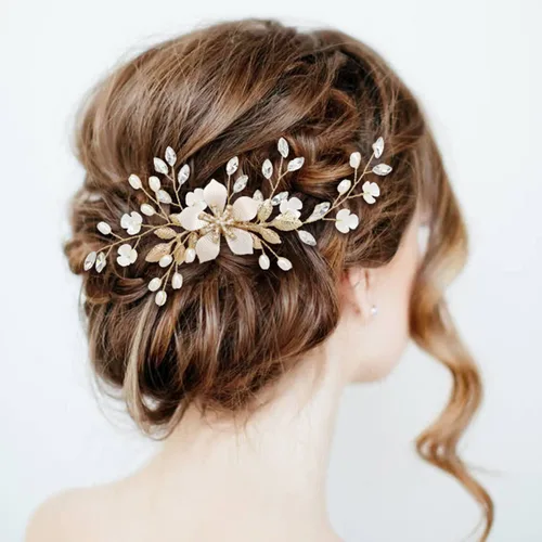 Vista 2 de inSowni 36 Pack Horquillas para el pelo de novia con flores doradas y hojas, peines laterales para el pelo de novia+pinzas para el pelo