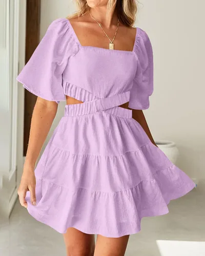 Vista 3 de BTFBM Vestidos de verano para mujer, cuello cuadrado, manga corta, recorte, cintura cruzada, casual, para fiesta, escalonado, mini vestido