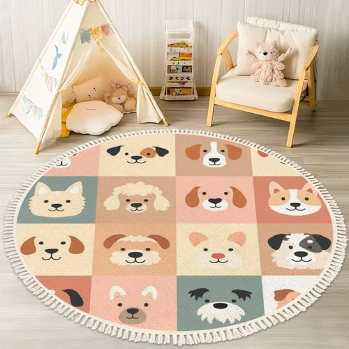 Vista 15 de Alfombra redonda bohemia para niños, dibujada a mano sin costuras con arco iris rosa pastel, alfombra de verano para bebé, alfombra de lino, Multi3
