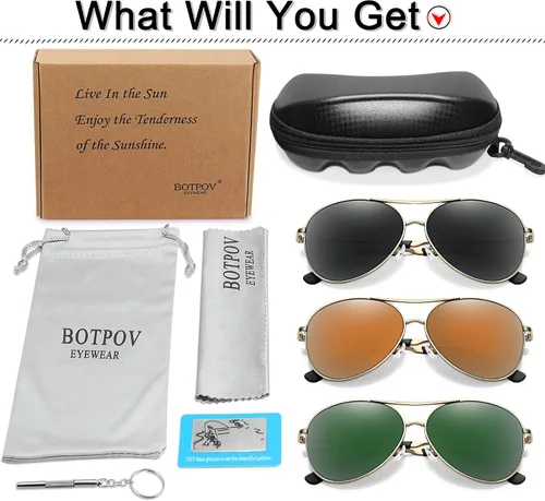 Vista 6 de BOTPOV Gafas de sol de aviador para hombres y mujeres, polarizadas, protección UV400, lente espejada, marco de metal con bisagras de resorte..