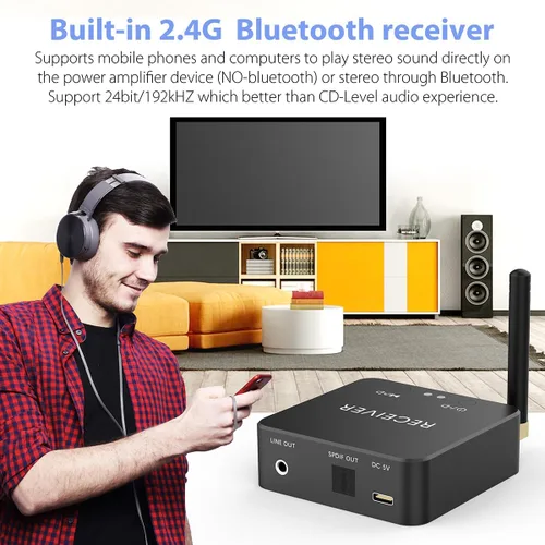 Vista 4 de Receptor Bluetooth inalámbrico de 192 KHz de audio digital a analógico, alcance de 160 pies de largo con receptor Bluetooth 5.3 integrado, kit