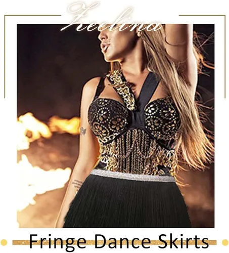 Vista 5 de Zeelina Faldas de baile con flecos, falda de lentejuelas, falda envolvente con borlas brillantes, disfraz de fiesta rave para festival para mujer