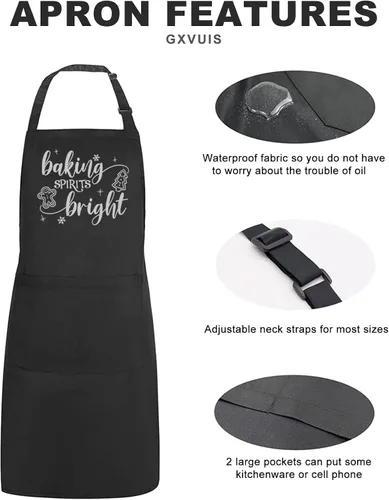 Vista 4 de Baking Spirits - Delantales brillantes para mujer con 2 bolsillos de Navidad, impermeable, ajustable, babero, cocina, barbacoa, delantal