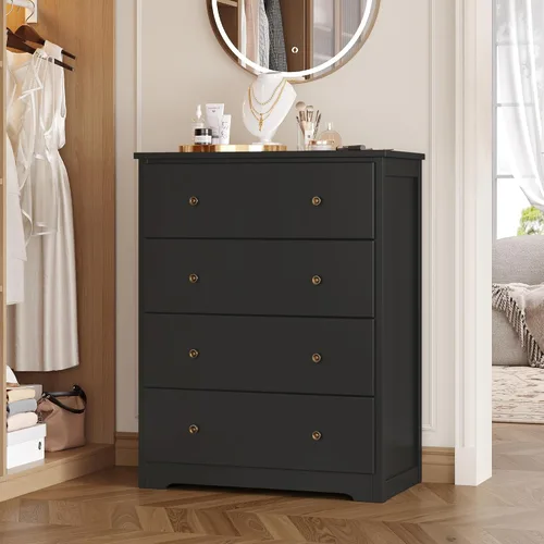 Vista 5 de HOUSUIT - Cómoda negra con 4 cajones, cómoda de 29 pulgadas de ancho, cómoda de madera