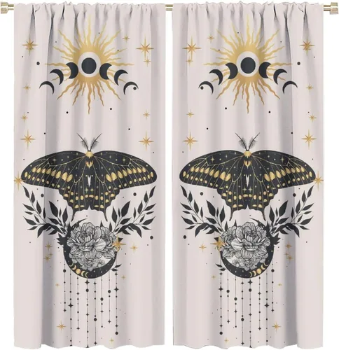 Vista 24 de Cortinas de mariposa de fantasía, polilla, sol, luna, estrella, arte floral, estampado floral, bolsillo para barra, cortinas opacas para ventana