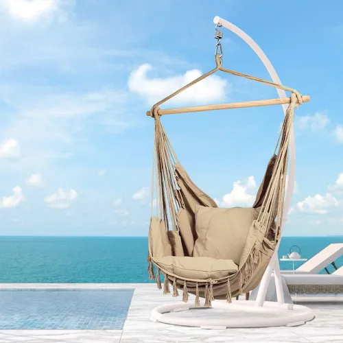 Vista 5 de Silla tipo hamaca, asiento colgante de cuerda para interiores y exteriores, lona de algodón suave y duradera, 2 cojines incluidos, silla de lectura