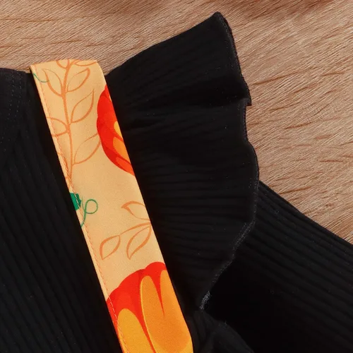 Vista 5 de Trajes de Halloween para bebé recién nacida camiseta de manga larga con volantes de calabaza camiseta con tirantes cortos mameluco para otoño