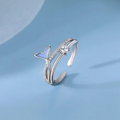 Vista 4 de Delicado anillo abierto de cola de sirena para mujer, circonita cúbica, cola de pez azul, doble capa, ajustable, apilables, anillos de compromiso
