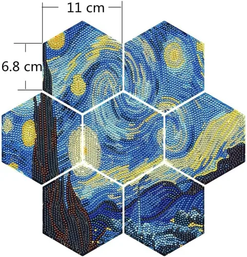 Vista 6 de Posavasos de arte de diamante Van Gogh Starry Night, 7 posavasos hexagonales con soporte, pequeños kits de pintura de diamantes para adultos