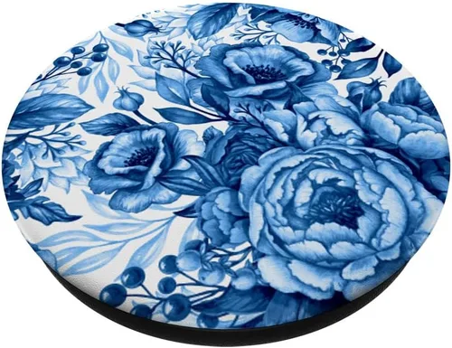 Vista 2 de Patrón floral francés de campana azul y blanco – PopSockets agarre y soporte para teléfonos y tabletas