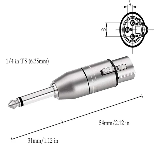 Vista 2 de XLR hembra a 1/4 "TS adaptador de micrófono, conector mono de 0.250 in a conector hembra XLR de 3 pines, convertidor XLR hembra a cuarto de pulgada