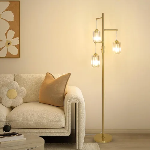 Vista 4 de Lámparas de pie de cristal dorado para sala de estar, 3 luces regulables, lámpara de pie moderna con pantalla de cristal, interruptor de atenuación