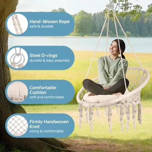 Vista 7 de Silla columpio de macramé con cojín y accesorios extraíbles, hamaca resistente tejida a mano con cuerda de algodón, soporta 330 libras para patio