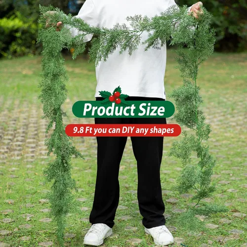 Vista 2 de Guirnalda de Pino Norfolk de Toque Realista de 9.8 Pies, Guirnalda de Ciprés de Pinos Artificiales Verdes, Guirnaldas de Pino Navideñas Falsas