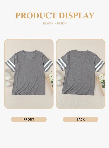 Vista 32 de Eytino Blusas de talla grande para mujer, cuello en V, manga corta, a rayas, casual, holgada, con bolsillo (1X-5X)