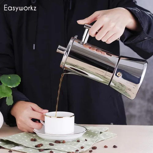 Vista 9 de Easyworkz Diego - Cafetera de café expreso para estufa, 4 tazas, 6.8 onzas, con mango largo hueco de acero inoxidable, cuchara medidora de 0.27