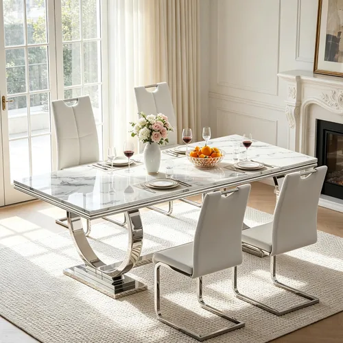 Vista 16 de Juego de mesa de comedor de mármol para 4, mesa de cocina rectangular de mármol blanco de 70 pulgadas con base en O de acero inoxidable dorado