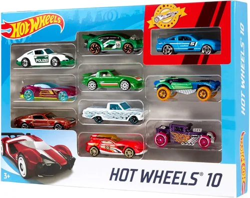 Vista 4 de Hot Wheels Juego de 10 camiones y autos de juguete a escala 1:64 para niños y coleccionistas, los estilos pueden variar [Exclusivo de Amazon]
