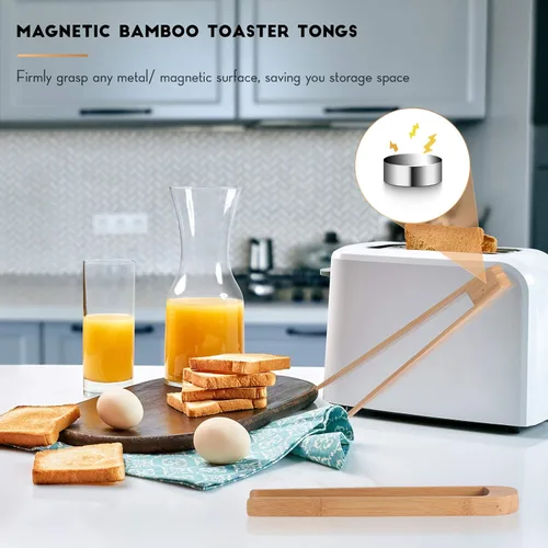 Vista 5 de Patelai 2 pinzas para tostadoras de madera de 8.7 pulgadas con imán magnético de bambú tostada de madera de bambú natural, accesorios de utensilios