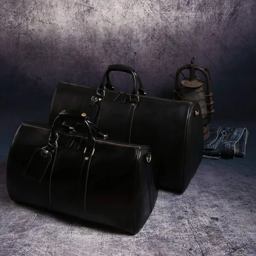 Vista 14 de Leathario Bolsa de viaje de cuero genuino para el fin de semana de la noche para los hombres, equipaje de mano, Negro-S, Pequeña, Vintage
