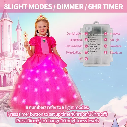 Vista 6 de CIYTI Disfraz de princesa iluminado, vestido de princesa melocotón, disfraz de cosplay para niñas, disfraz de Halloween