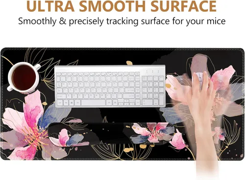Vista 2 de DINKY Alfombrilla de escritorio con diseño de flor negra, alfombrilla grande para mouse con reposamuñecas, 4 en 1 XXL, reposamuñecas para teclado