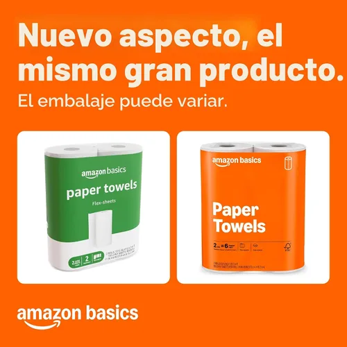 Vista 2 de Amazon Basics Toallas de papel Flex-Sheets de 2 capas, 2 rollos Basics = 6 rollos regulares, valor diario con 150 hojas por rollo, el empaque puede