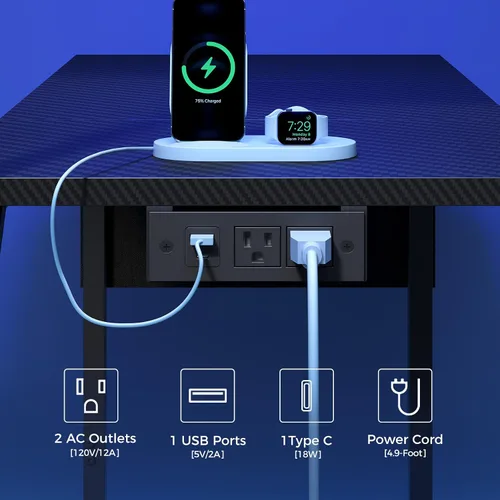 Vista 6 de MAHANCRIS Escritorio para videojuegos, escritorio de computadora con estación de carga y luz LED, escritorio pequeño para PC con bolsa