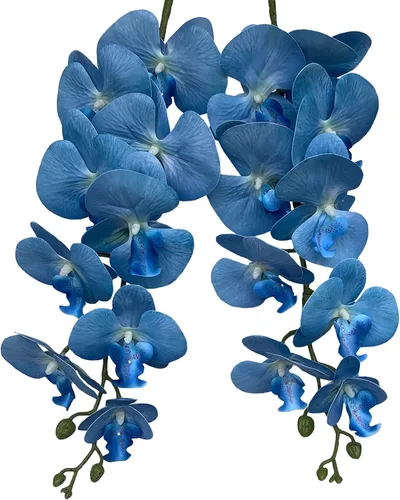 Vista 4 de FagusHome Flores artificiales de Phalaenopsis - Ramas de 9 flores grandes, orquídeas artificiales, plantas tallo de 42 pulgadas, 2 piezas para Azul