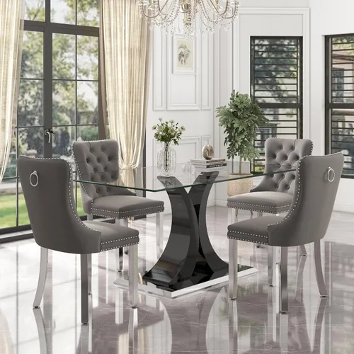 Vista 8 de Juego de comedor moderno de vidrio de lujo de 5 piezas, juego de cena rectangular minimalista grande para 4, juego de mesa de cocina de vidrio