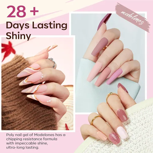 Vista 2 de Modelones - Juego de gel de extensión de uñas de polietileno, kit de gel de 12 colores con tonos rosa brillante y desnudo, para manicura francesa