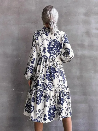 Vista 2 de Floerns Vestido midi de manga larga con cuello en V y dobladillo con volantes para mujer