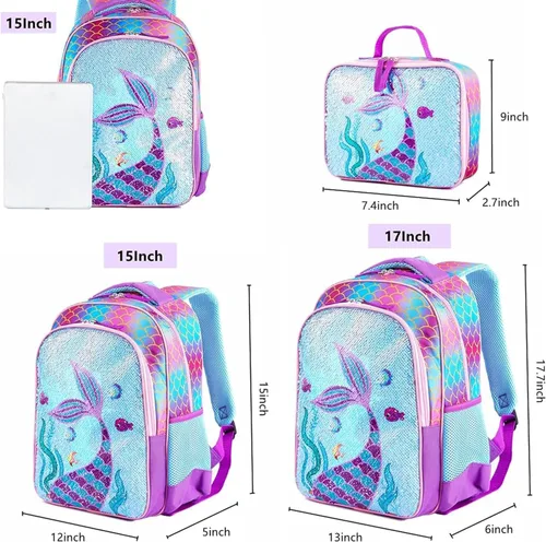 Vista 4 de Mochila escolar de lentejuelas ligera para niños pequeños con bolsa de almuerzo para preescolar jardín de infantes y primaria, Sirena con bolsa