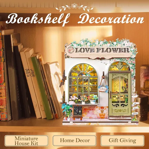 Vista 2 de Kit de rincón de libros – Kit de casa en miniatura de bricolaje con luz LED, rompecabezas de madera 3D, decoración de estantería estilo floristería