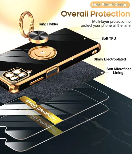 Vista 2 de LeYi Funda para teléfono Galaxy A12: con protector de pantalla de vidrio templado [paquete de 2] Soporte de anillo giratorio de 360°, soporte Rosa