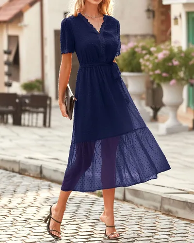 Vista 2 de BTFBM Vestido midi bohemio de verano para mujer, manga corta, cuello en V, lunares suizos, cinturón, cintura alta, volantes, escalonado, vestido