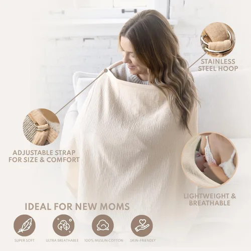 Vista 4 de ACTIVE BABY Funda de muselina para lactancia materna con aro ajustable para manos libres, transpirable, cubierta de lactancia 100% muselina