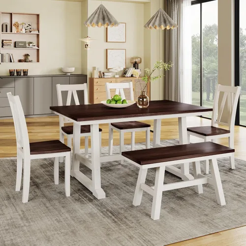 Vista 20 de Juego de mesa de comedor de 6 piezas estilo granja, mesa rectangular con soporte y 4 sillas tapizadas y banco, juego de muebles de cocina