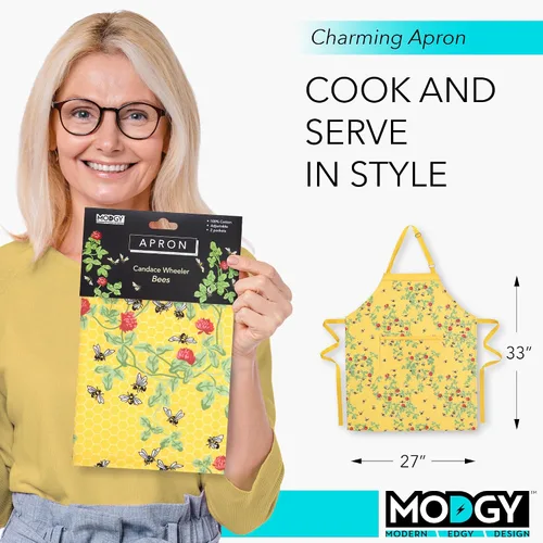 Vista 5 de MODGY, Delantal con bolsillos para mujer, algodón, hornear, cocinar, bonitas flores de primavera Candace Wheeler Abejas