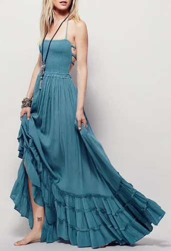 Vista 2 de Linsery Vestido maxi para mujer estilo boho halter con volantes