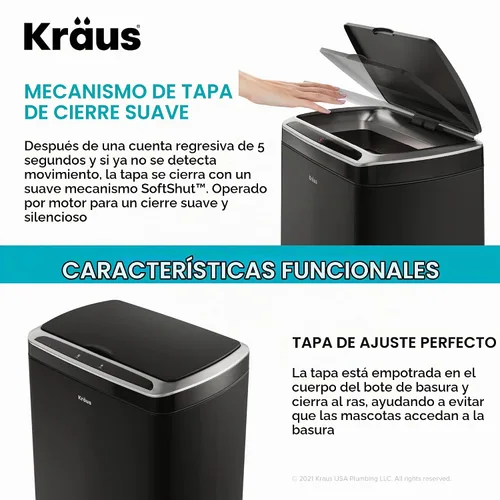 Vista 13 de Kraus GarbagePro Bote de basura rectangular de 13 galones manos libres con sensor de movimiento operado por batería en acabado negro mate con tapa