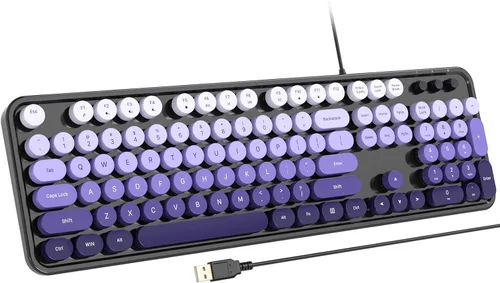 Vista 17 de Atelus Teclado USB con cable con retroiluminación de 7 colores, teclado de tamaño completo con teclas retro, teclado numérico y tecla de acceso