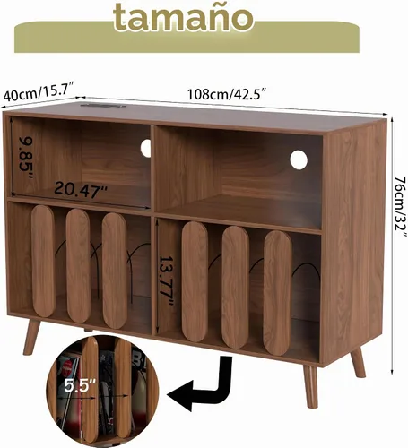 Vista 5 de Oubayajia Soporte grande para tocadiscos, soporte de almacenamiento de discos de vinilo, mesa para tocadiscos con toma de corriente, soporte
