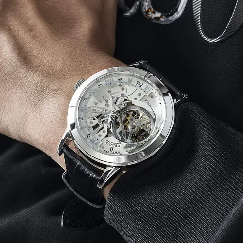 Vista 3 de OBLVLO Relojes de oro rosa de lujo para hombre, esfera esquelética, relojes automáticos, correa de cuero VM-1