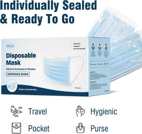 Vista 2 de WECARE - Cubrebocas desechable con envoltura individual, juego de 50 máscaras estampadas, 3 capas