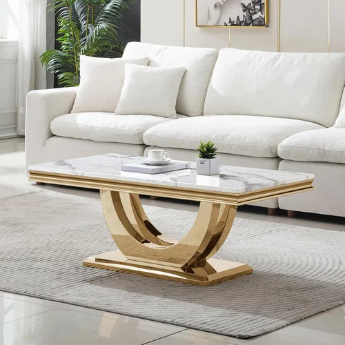 Vista 15 de Mesa de centro de mármol negro Henf de lujo, mesa auxiliar rectangular de mármol sintético de imitación con base de acero inoxidable dorado